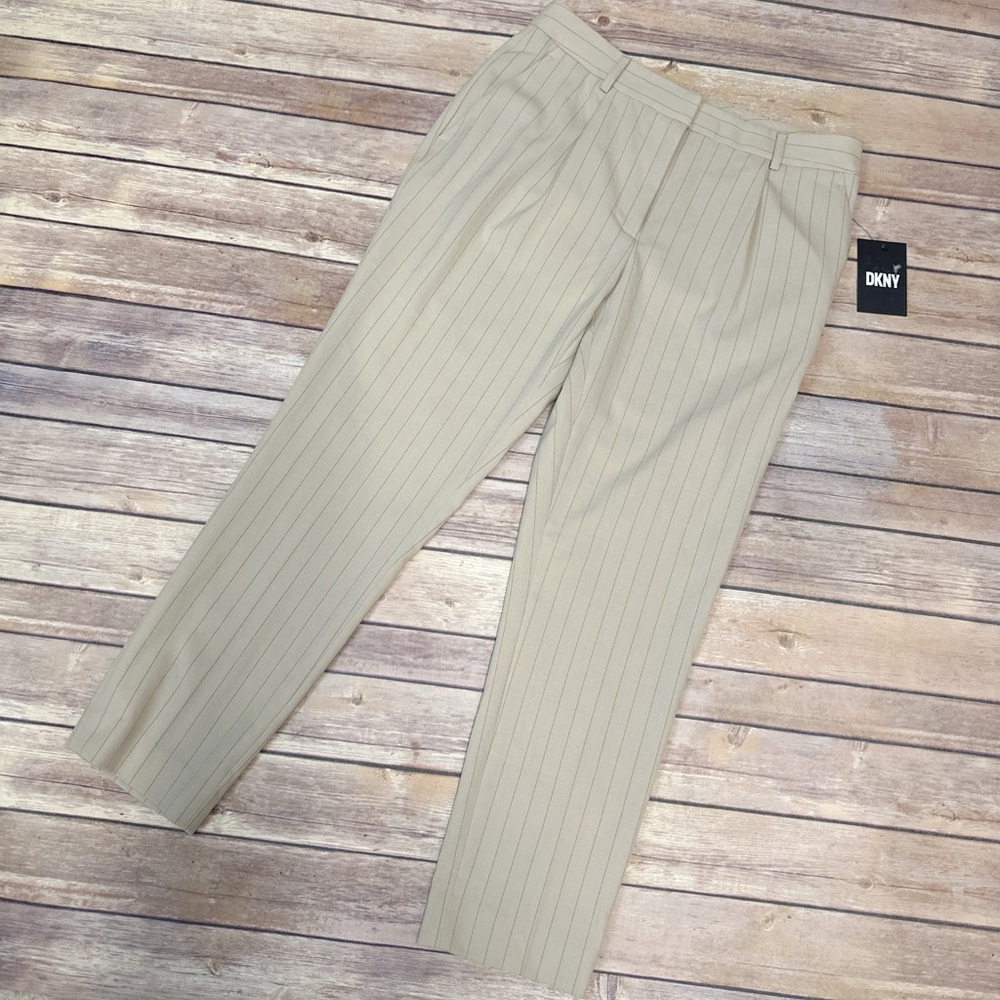 DKNY Women's Petite Beige Pinstriped Mid-Rise Pleated Pants Size 4P
